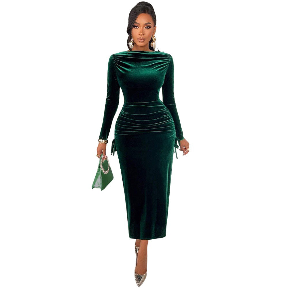 Dark Green Velvet Dress Women Autumn Winter Long Sleeve Slim Fit Slimming Side Pleated Maxi Dress Light Luxury Inner Wear