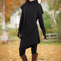Autumn Winter Black High Collar Irregular Asymmetric Faux Two Piece Long-Sleeved Dress Women