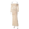 Women Clothing Autumn Elegant Lace Patchwork Maxi Dress off Shoulder Long Sleeve Tied Dress