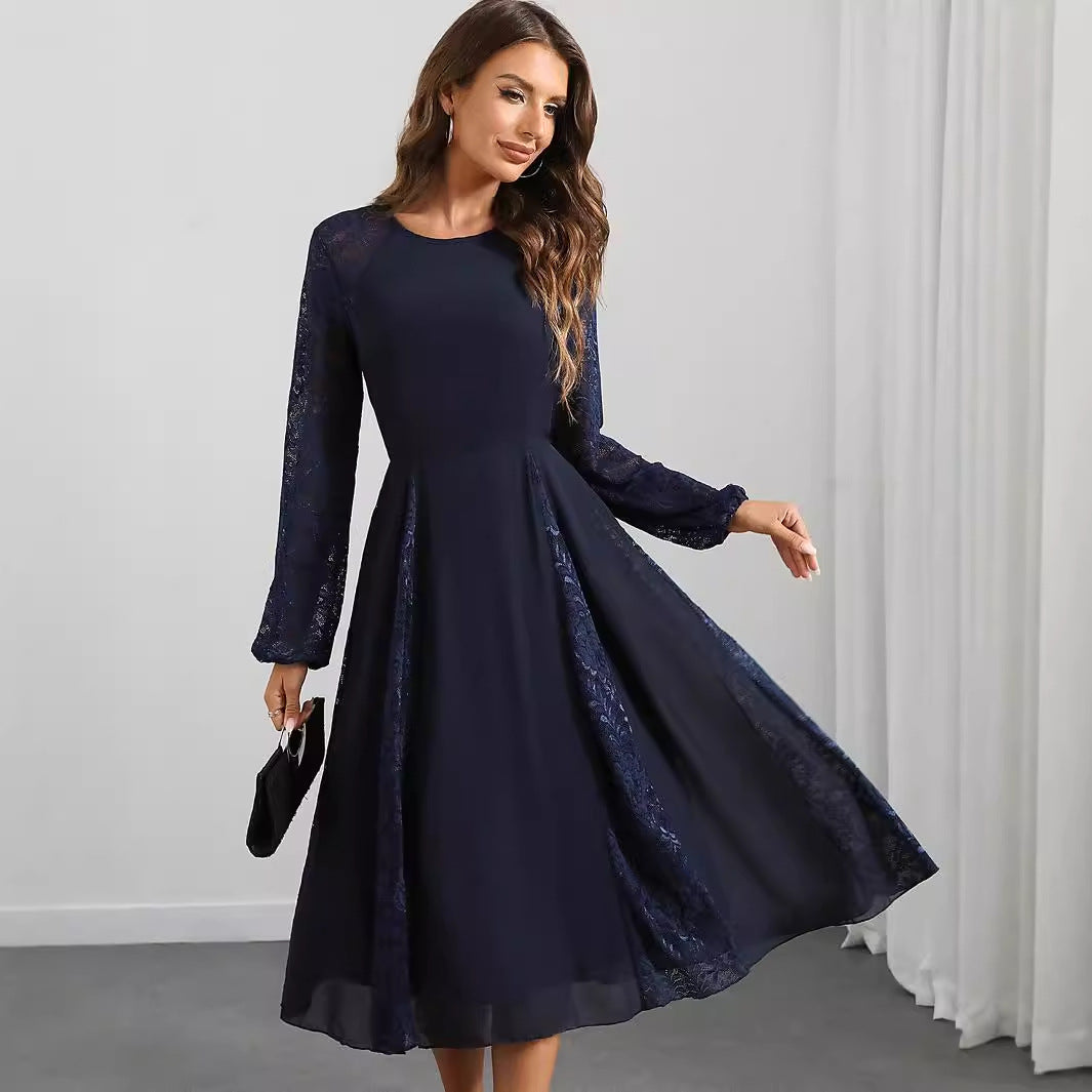 Sexy Long Sleeve Chiffon Stitching Lace Dress Women Clothing Evening Dress