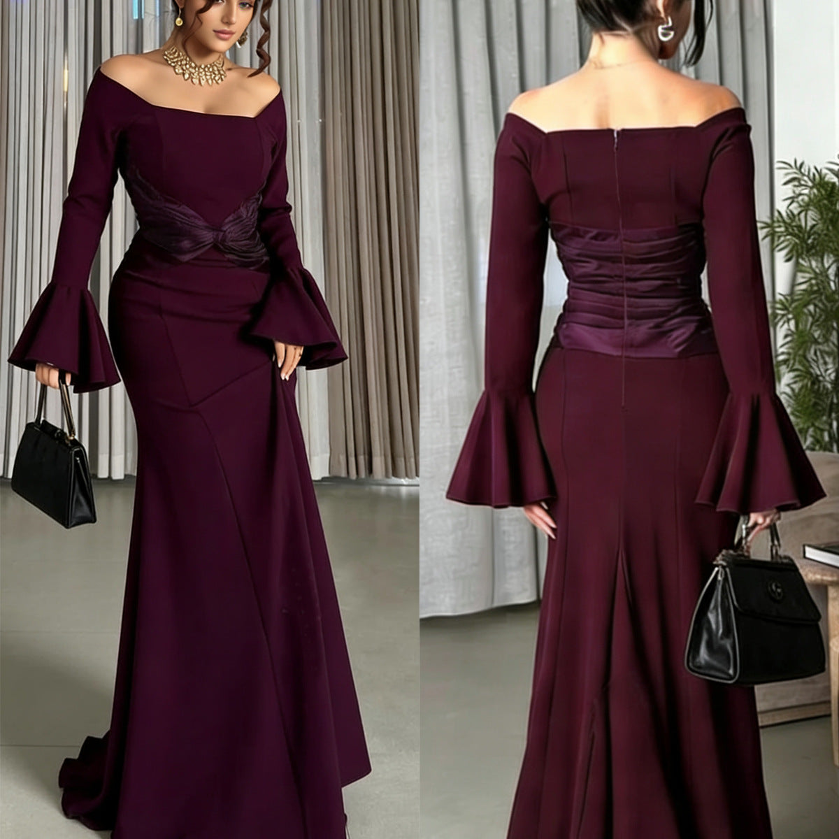 Women Clothes Long Sleeve off Shoulder Stitching Ruffle Slim Dress