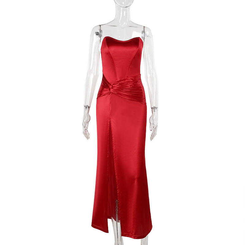 Autumn Socialite Elegant Sexy Twisted Waist Split Tube Top Satin Dress