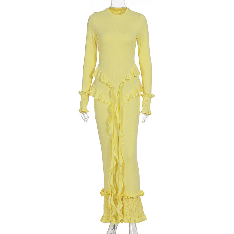 Autumn Dress Elegant Ruffle Decorative Slim Women Clothing Long Sleeve Dress