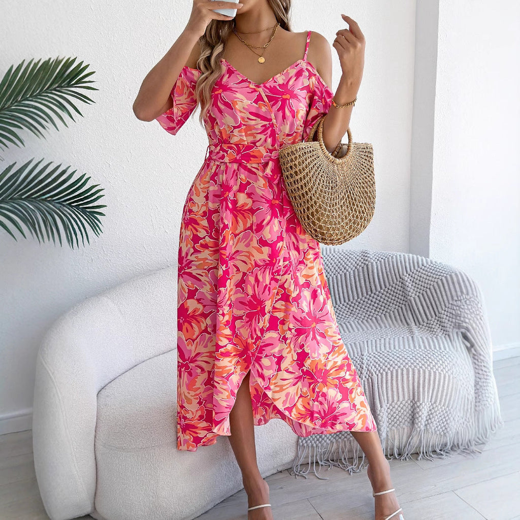 Spring Summer Strapless Cross V neck Floral Strap Dress Holiday Dress Women Clothing