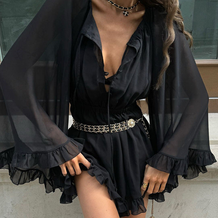 Mesh See through Long Sleeve Square Neck Lace up Black Dress Spring Summer Dress Fitted Waist Pleated A line Dress