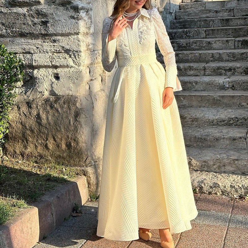 White Front Chest Floral Beads Lace Yarn French Retro Long Sleeve Slim Dress