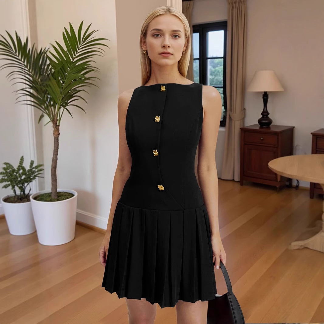Spring Summer Simple Women Clothing Personalized Wide Hem Pleated Waist Tight Solid Color Sleeveless Short Dress