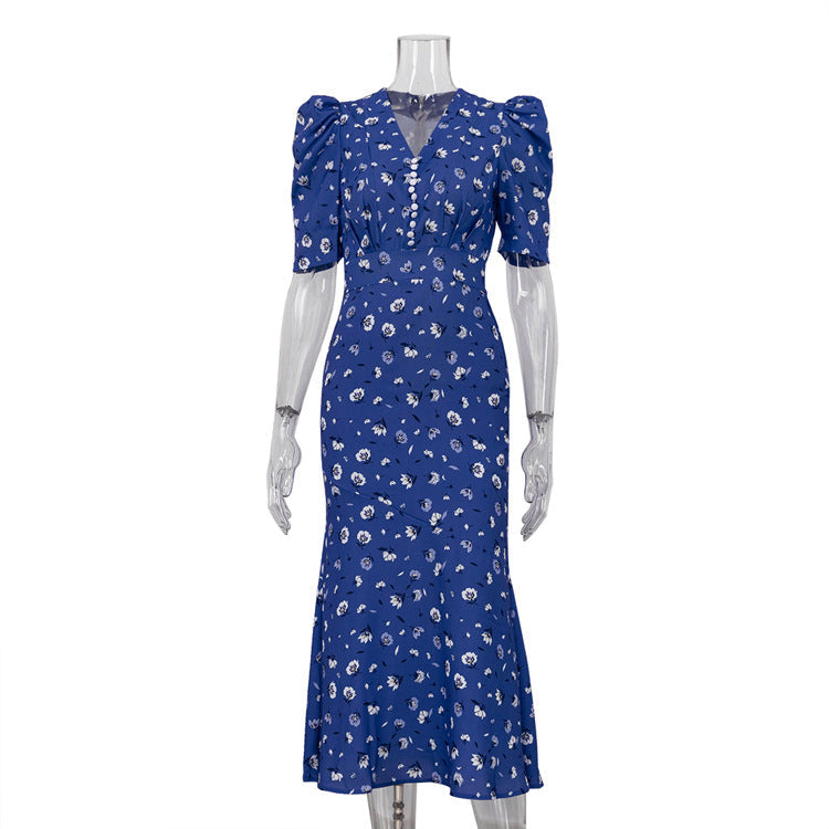 Women Clothing Digital Printing Summer French Short Sleeve Dress V neck Pleated High Waist Floral Maxi Dress
