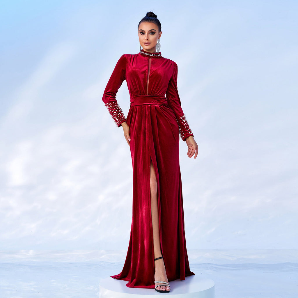 High End Long Sleeve Crew Neck Sexy Long Velvet Cocktail Evening Dress Bridesmaid Dress Women Dress