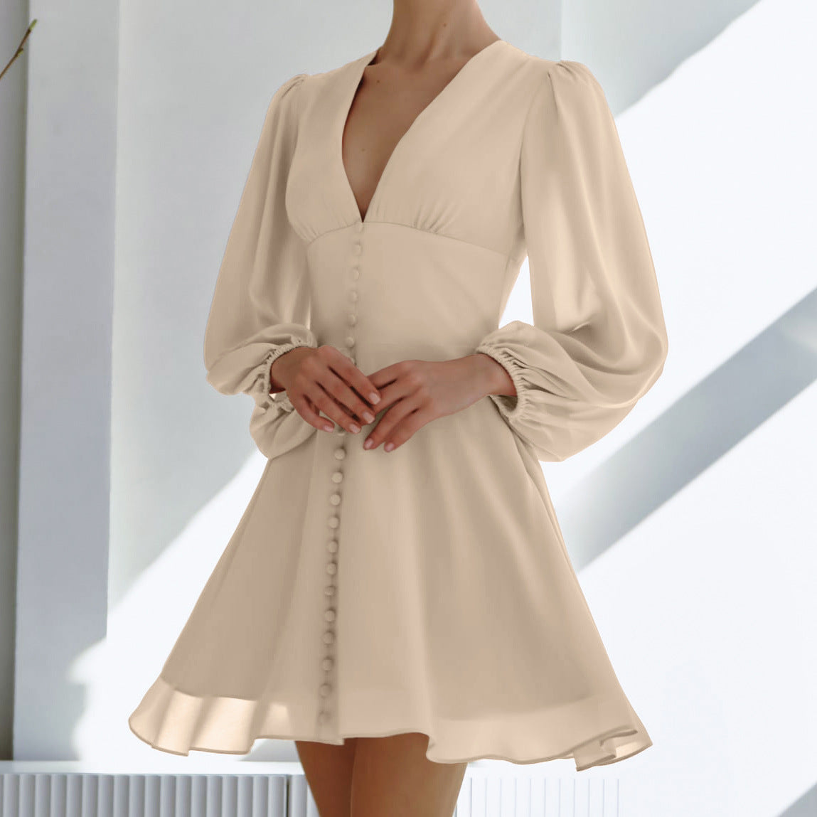 French Chiffon V neck Waist Tight Atmosphere Feeling Tong Qin Dress Autumn Arrival Short