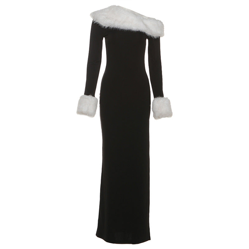 Autumn Winter Women Sexy Fur Collar Stitching Slim Fit Oblique Shoulder Color Matching Long Sleeve Elegant Dress