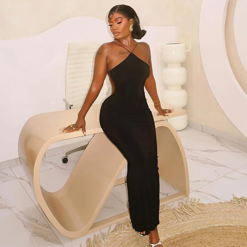 Solid Color Elegant Women Dress Elegant One Step Low Waist Hip Dress Halter Sleeveless Backless Maxi Dress