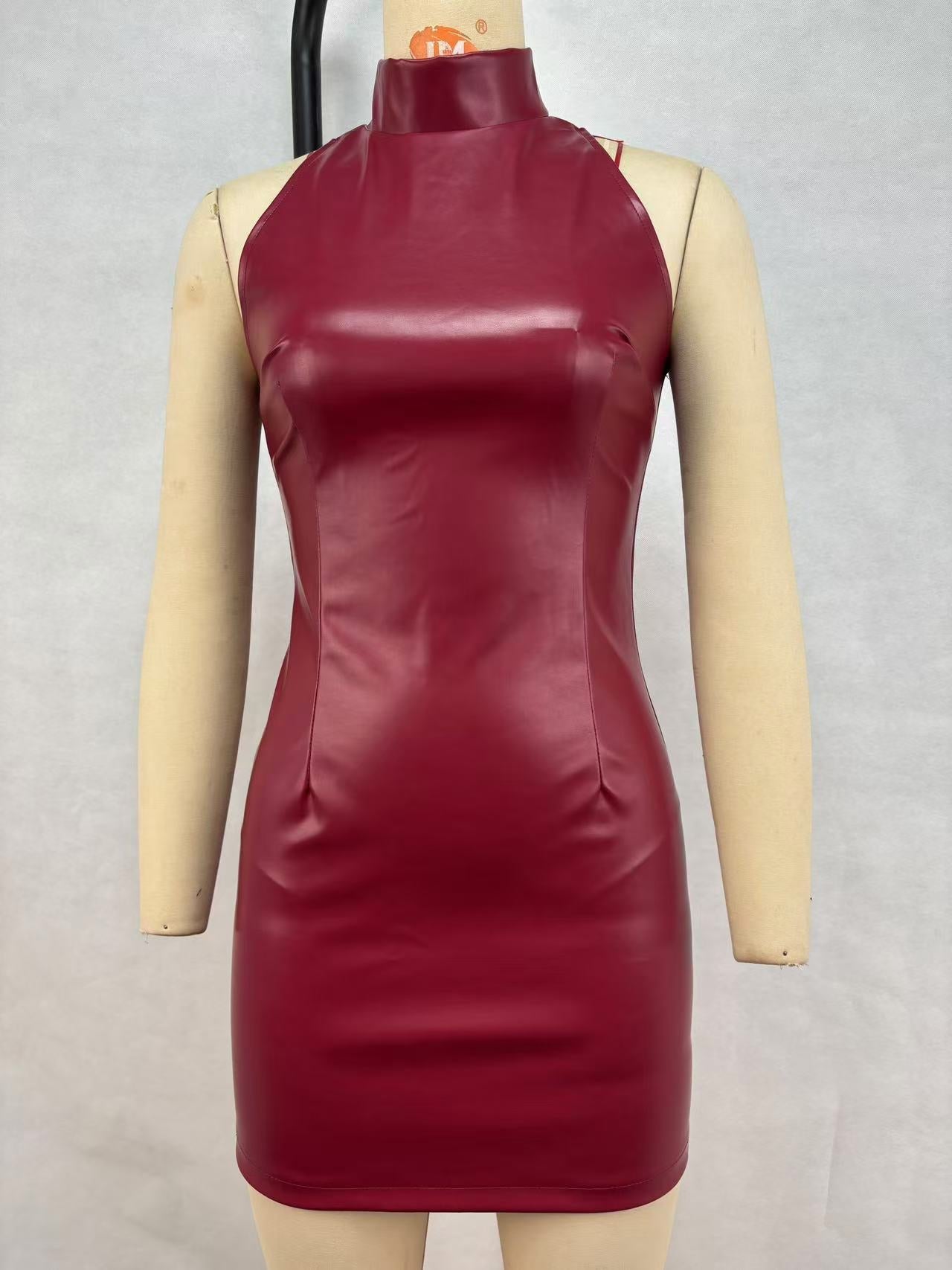 Women Clothing Slim Dress Autumn Winter Faux Leather Mini Skirt Nightclub Solid Color
