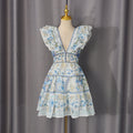 Summer Elegant Retro Fashionable Flying Sleeves Printed Deep V Plunge neck Waist Slimming Dress