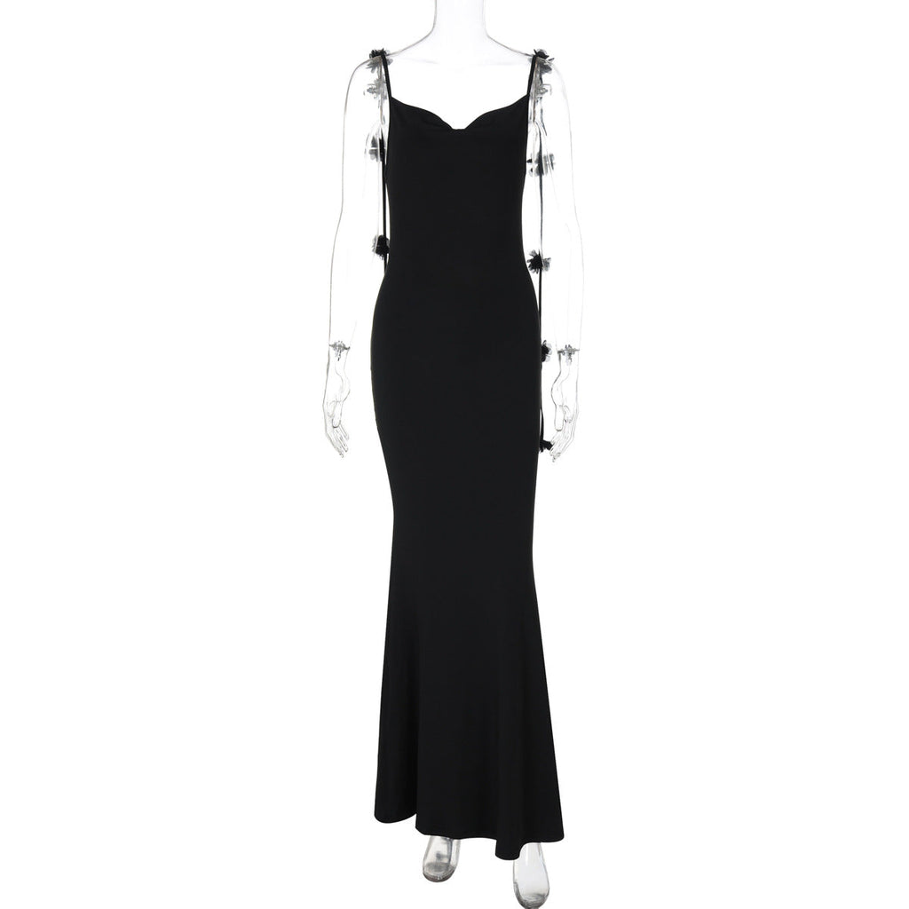 Summer Women Sexy Backless Floral Decoration Formal Dress Sling Dress
