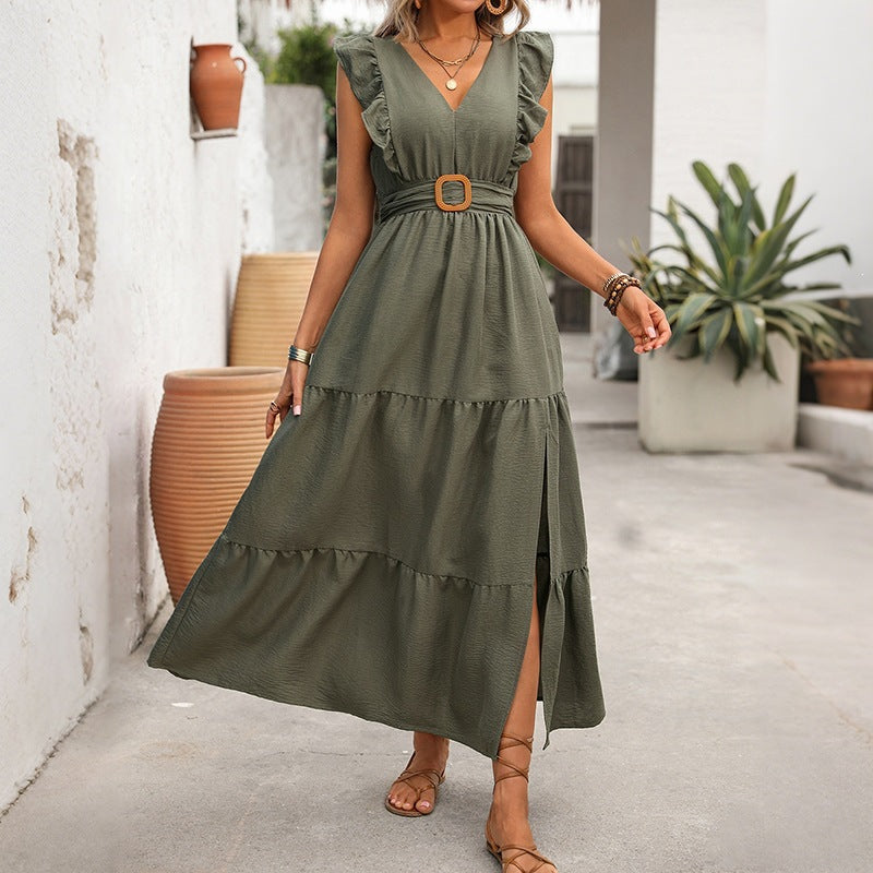 Casual Retro Solid Color Texture Ruffled Split Dress