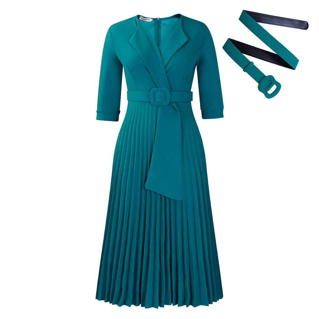 Autumn Winter Women Clothing Office Tailored Collar Pleat Waisted Dress