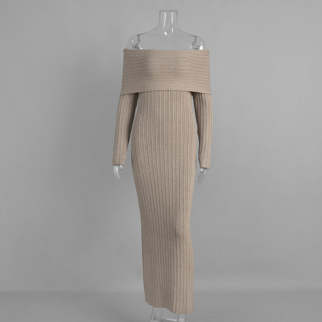 Knitted off Shoulder Long Sleeved Dress Autumn Winter off Shoulder Hip Knitwear Dress Women