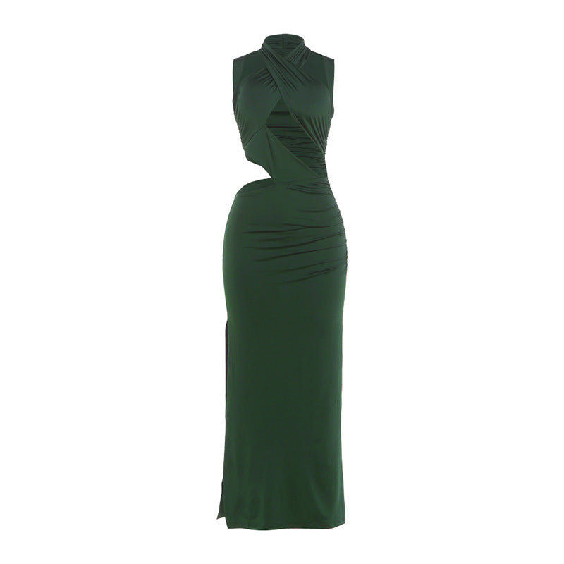 Autumn Winter Women Stitching Sexy Hollow Out Cutout out Solid Color Slim Fit Sheath Fishtail Dress