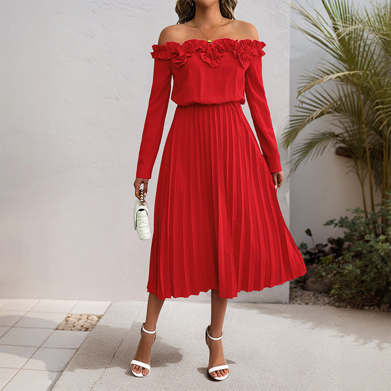 Dating Party Elegant Sweet off Shoulder Long Sleeve Solid Color Women Dress