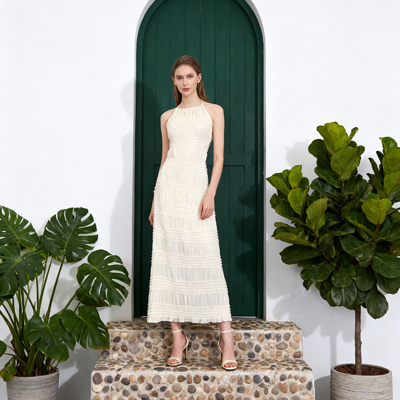 French Simplicity Vacation Beach Knit Breathable Maxi Dress Autumn Halter Backless Solid Color Dress