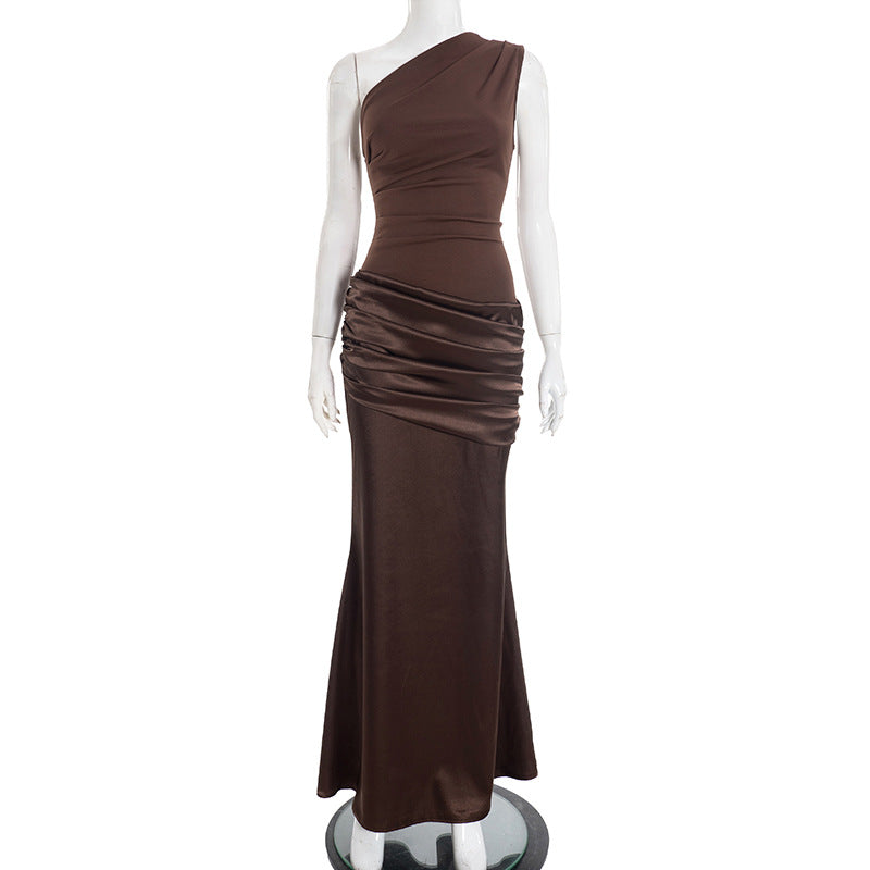 Women Clothing Autumn Winter Expensive Socialite One Shoulder Pleated Stitching Hip Fishtail Dress