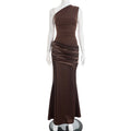Women Clothing Autumn Winter Expensive Socialite One Shoulder Pleated Stitching Hip Fishtail Dress
