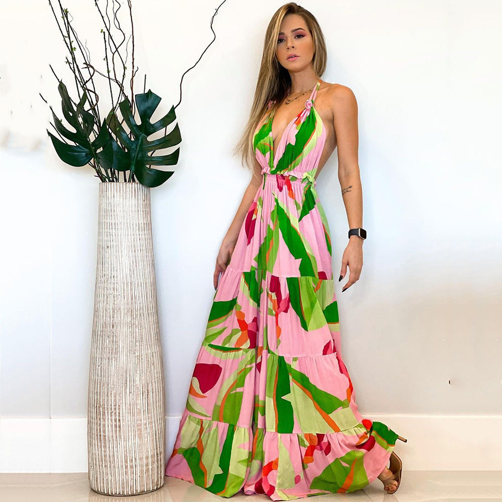 Spring Summer Women Clothing Deep V Plunge neck Backless Dress Bohemian Floral Strap Dress Women