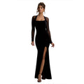 Autumn Winter Women Clothing Sexy Mesh Stitching Hollow Out Cutout Slim Fit Slit Long Sleeve Elegant Dress