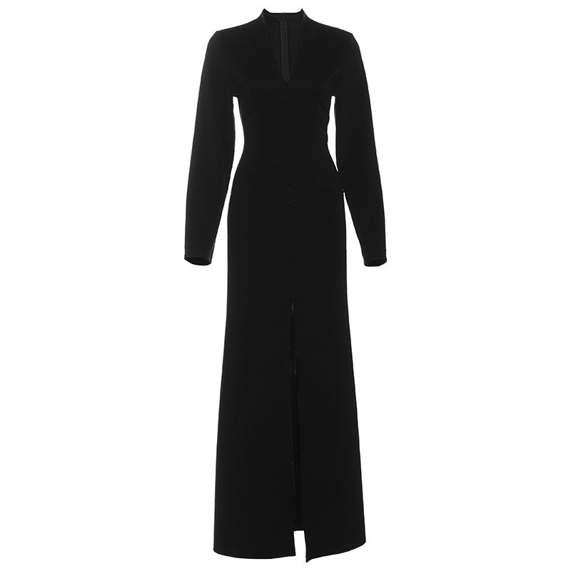 Autumn French Solid Color V neck High Waist Slim Slimming Slit Dress