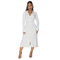 Women Wear V neck Solid Color Dress Single Breasted Long Sleeve Dress