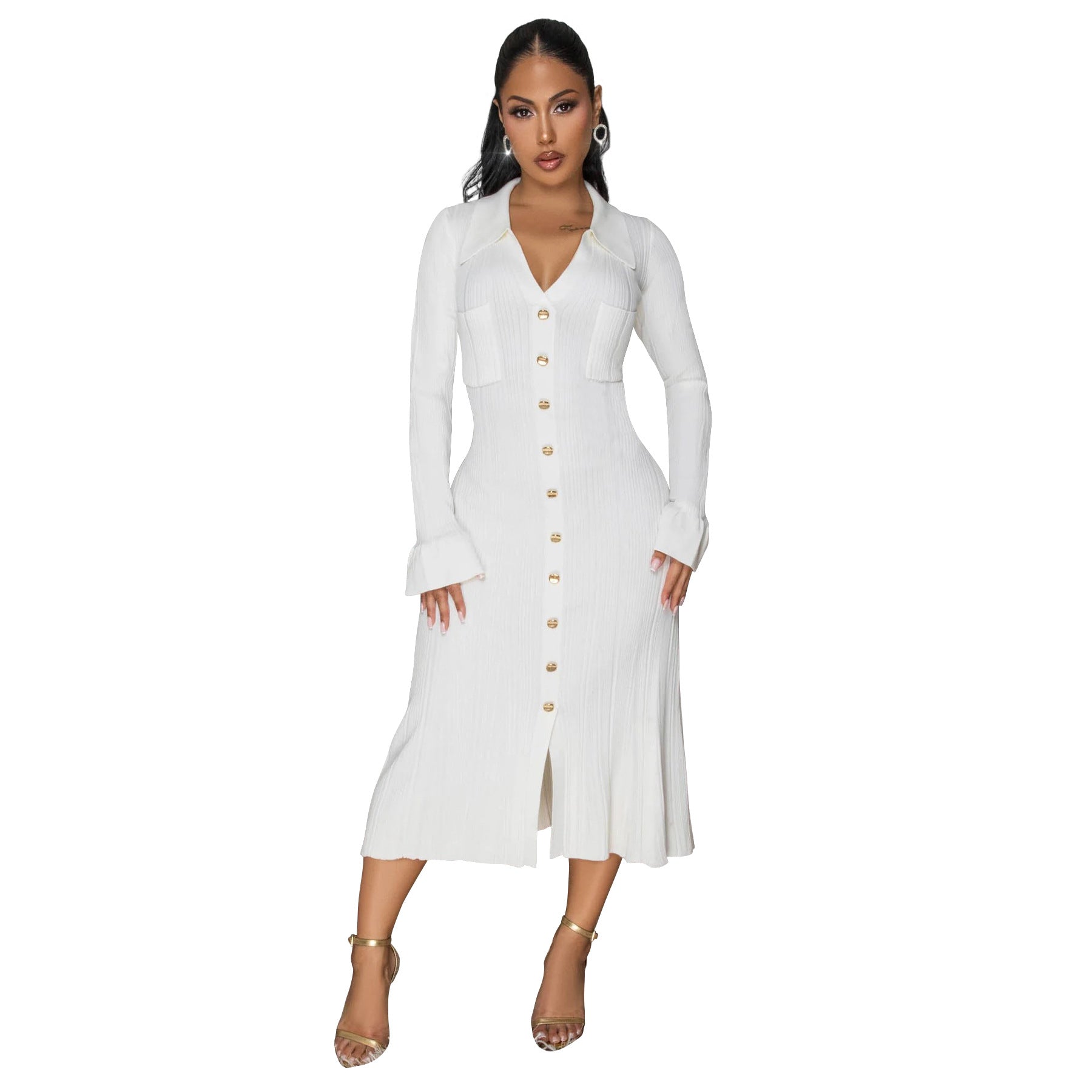 Women Wear V neck Solid Color Dress Single Breasted Long Sleeve Dress