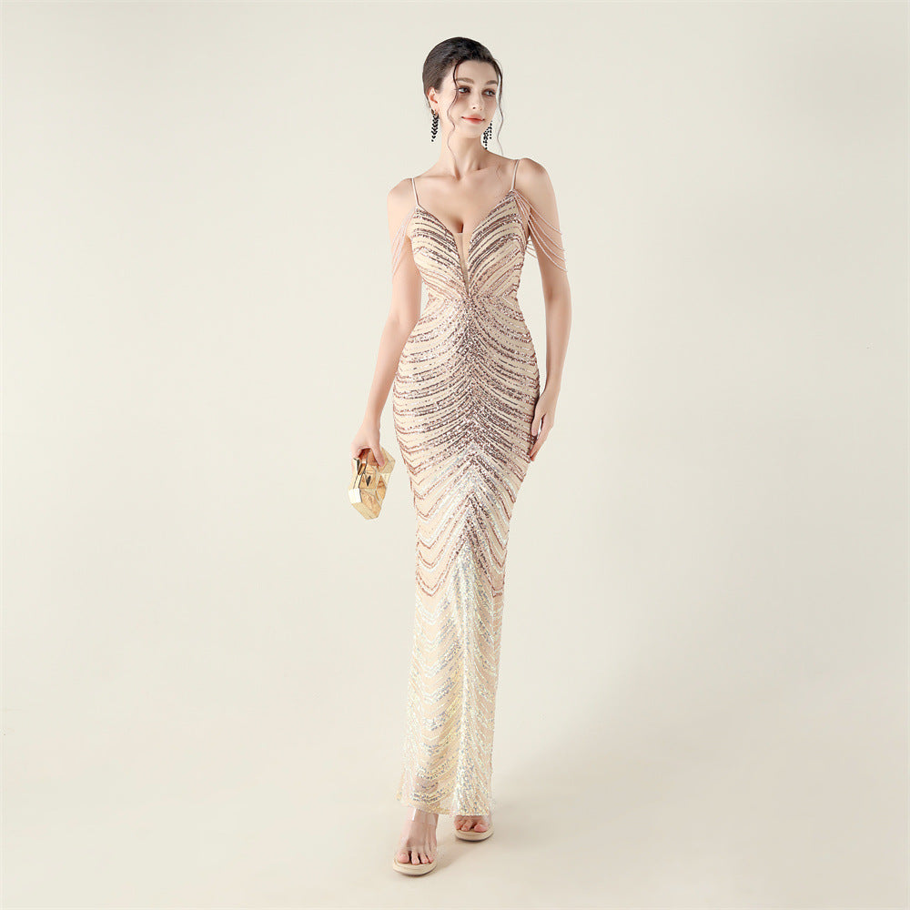 Deep V Plunge neck Wave Gradient Sequin Evening Dress Positioning Floral Cutting Craft Beaded Cocktail Battle Gown