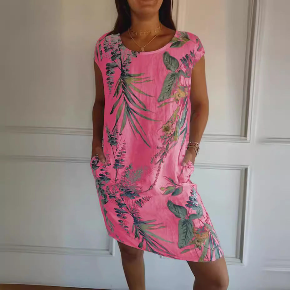 Women Clothing Summer Cotton Linen round Neck Printed with Pocket