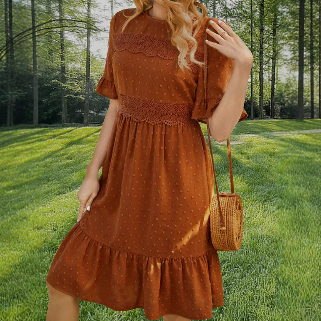 Spring Summer Women Lace Stitching Solid Color round Neck Ruffle Sleeve Dress