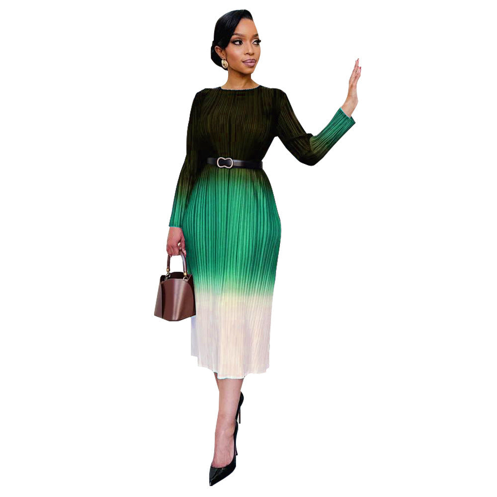 Women Clothing Gradient Positioning Printing Long Sleeve Pleated Dress