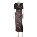 High End Elegant Women Satin Lace V neck Patchwork Hollowed Polka Dot Floral Print Mid Length Sleeves Dress