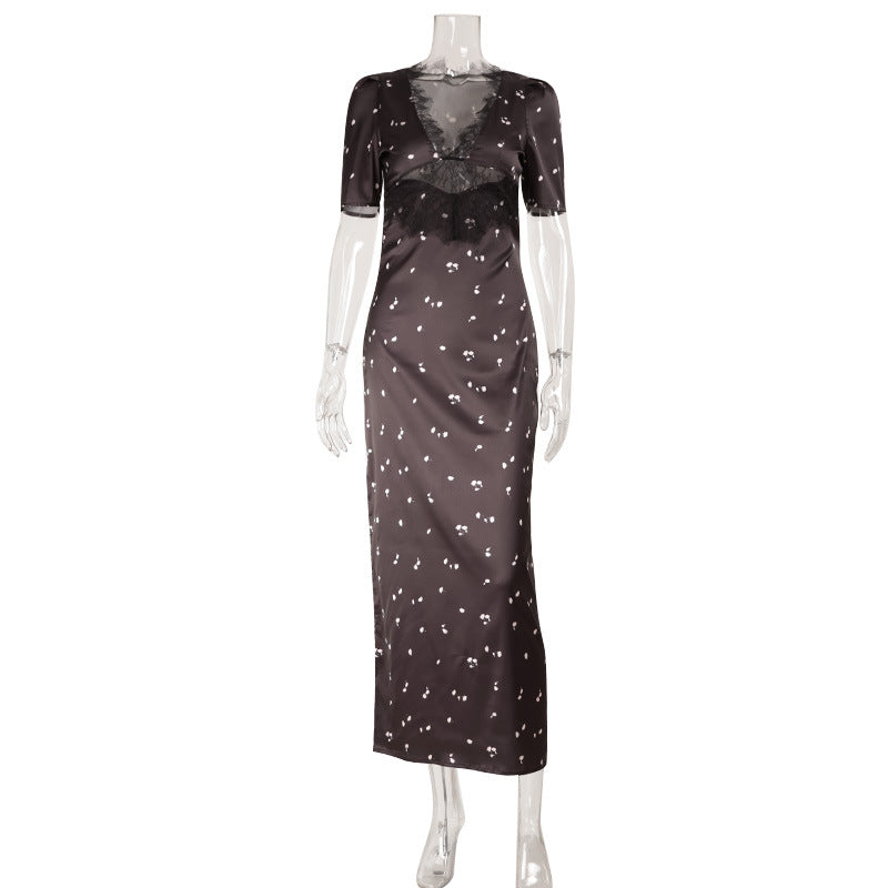 High End Elegant Women Satin Lace V neck Patchwork Hollowed Polka Dot Floral Print Mid Length Sleeves Dress
