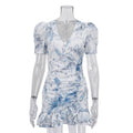 Printed Dress Women Summer V neck Short Sleeve Ruffled Waist Tight Hip Dress