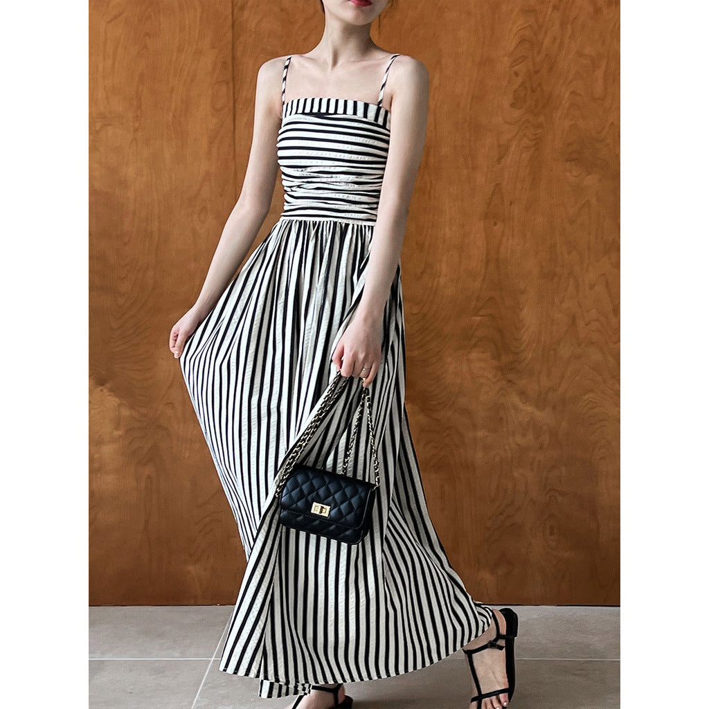 French Striped Bandeau Sling Dress Women High Grade off the Shoulder Pleated Waist Tight A line Long Summer