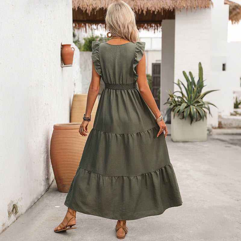 Casual Retro Solid Color Texture Ruffled Split Dress