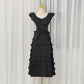 Summer Elegant Retro Flying Sleeves V neck Waist Controlled Slimming Solid Color Tiered Dress Women