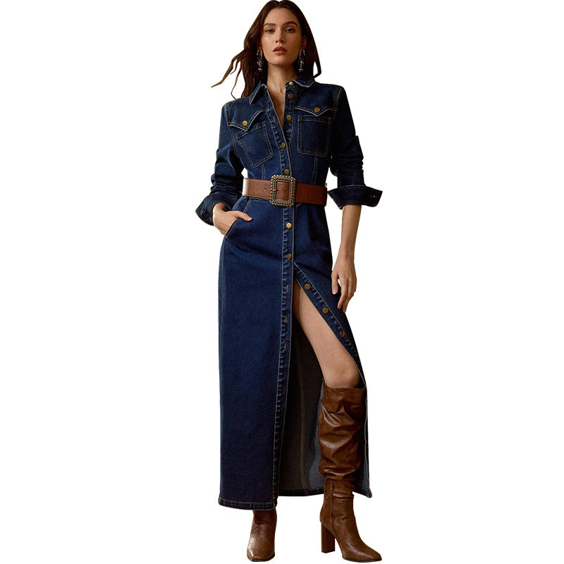 Women Clothing Long Sleeve Breasted Maxi Dress（Without Belt）