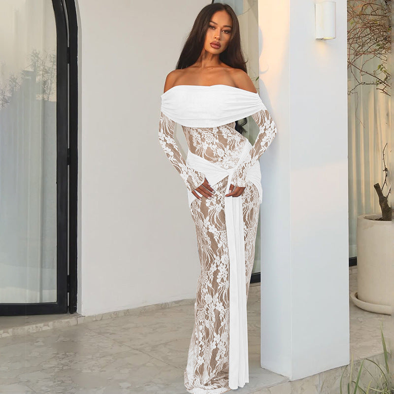 Women Clothing Autumn Elegant Lace Patchwork Maxi Dress off Shoulder Long Sleeve Tied Dress