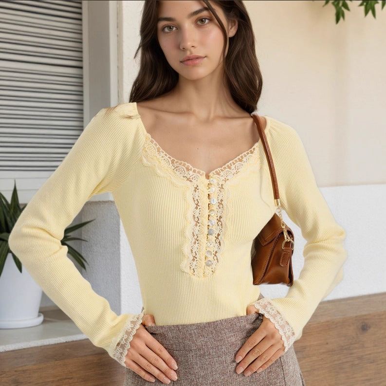 French Lace Collar Button Top Women Spring Autumn High Grade Knitted Bottoming Shirt