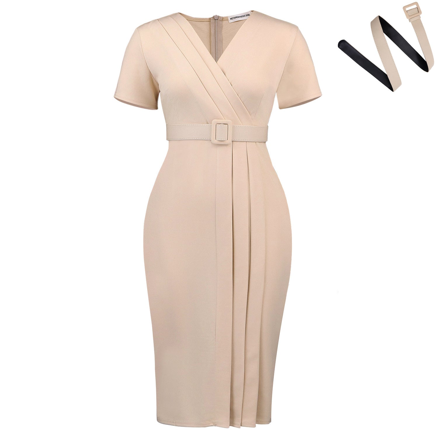 Women Clothing Summer Short Sleeved V neck Fashionable Elegant Solid Color Office Dress