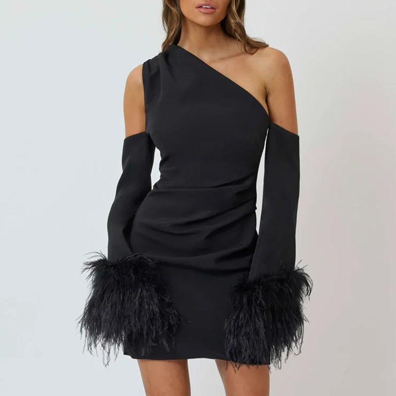 Arrival Sexy Slim Fit Dress One Shoulder Design Stitching Horn Furry Sleeves Short Dress