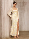 Women Clothing Cheongsam Formal Dress Plate Floral Embroidered Square Collar Slit Cocktail Dress