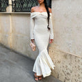 Women Clothing French Vacation Hollow Out Cutout Sexy Maxi Dress Slim Knit off Shoulder Dress Women
