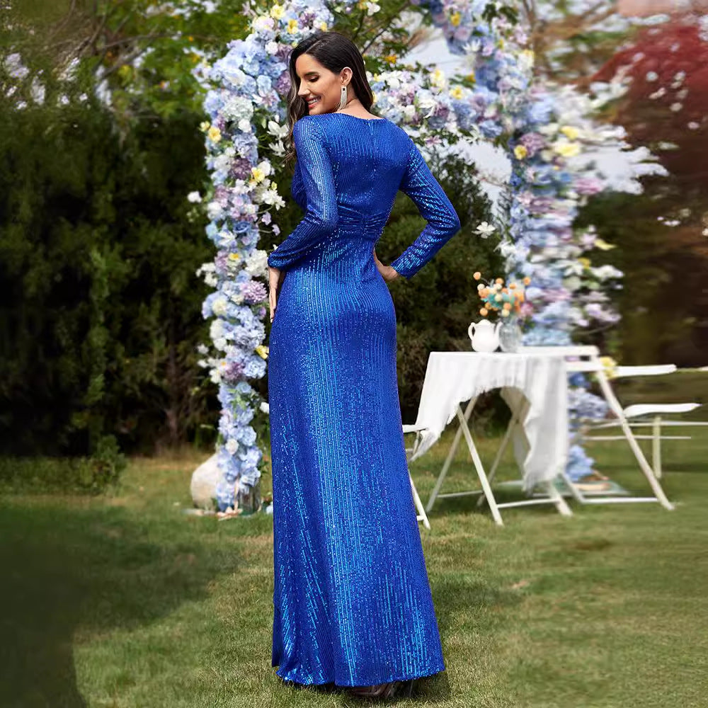 Multi Color Long Sleeve V neck Fishtail Cocktail Evening Dress Women